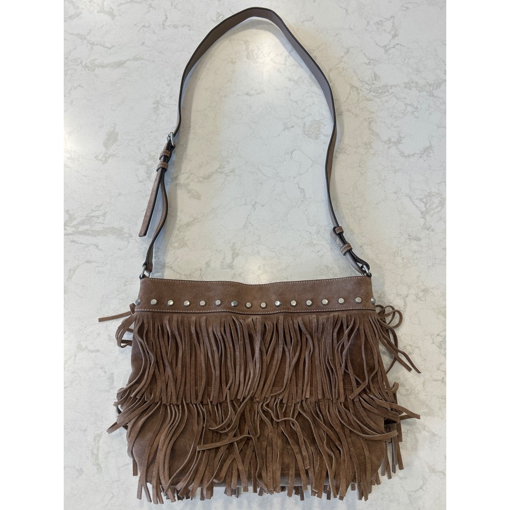 Michael Kors Billy Brown Suede Fringe Studded Crossbody Bag Western Boho Large